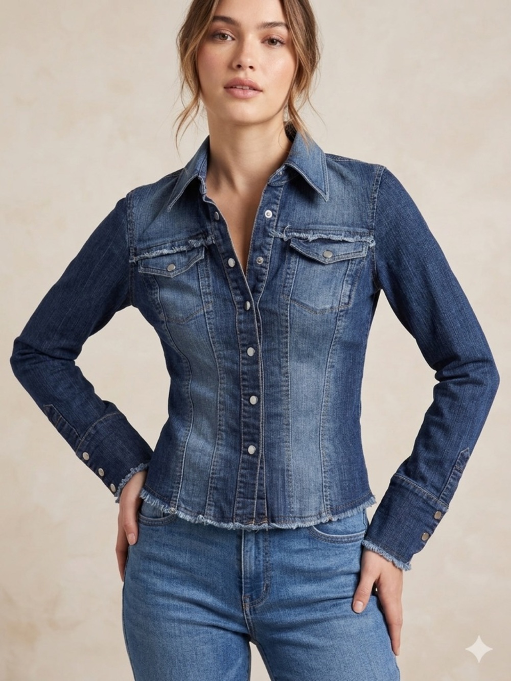 Bebe Vintage Y2K Fitted Frayed Denim Snap Front Shirt USA
